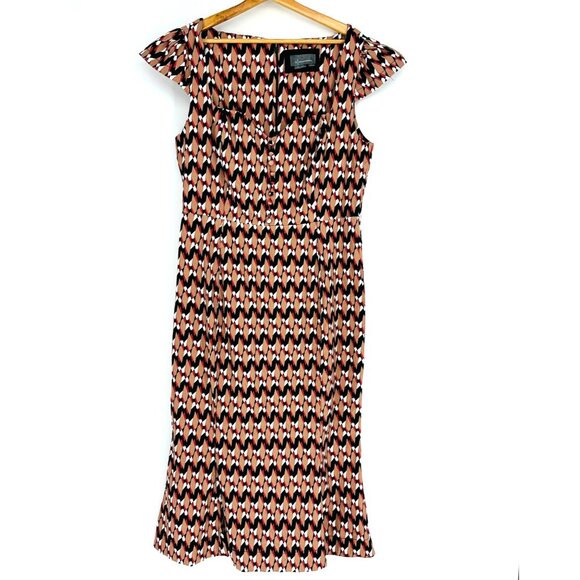 Anthropologie Cecily Fit & Flare Brown Multi Chevron Ruffle-Sleeve Midi Dress XL - Picture 4 of 12